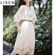 LISCN鏤空刺繡白色連衣裙女夏法式文藝風(fēng)氣質(zhì)女神范高級感民族風(fēng)小白裙 米杏 S