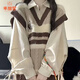 乖甜星兩件套裝/春秋季新款日系甜美學(xué)院風(fēng)撞色v領(lǐng)針織馬甲背心女長(cháng)襯衫 【兩件套】馬甲+襯衫 2XL