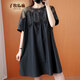 子牧棉麻夏裝 女韓版時(shí)尚寬松顯瘦短袖蕾絲網(wǎng)紗拼接連衣裙9414 黑色 L (建議115-130斤)
