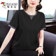 啄木鳥(niǎo)純棉時(shí)尚百搭T恤女夏季新款媽媽裝寬松洋氣顯瘦大碼遮肚短袖上衣 純黑色 2XL 建議130-145斤