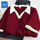 真維斯（Jeanswest）正肩純棉短袖t恤女2025新款夏季寬松撞色polov領(lǐng)衫學(xué)院風(fēng)翻領(lǐng)上衣 酒紅 純色 2XL