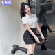 麥潮尚收腰性感襯衫短袖女士職業(yè)裝工作服套裝夏修身白襯衫包臀裙兩件套 黑色短裙 S