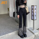 Jret黑灰漸變微喇牛仔褲女學(xué)生設(shè)計(jì)感港風(fēng)高腰微喇叭馬蹄長褲百搭時(shí)尚 黑灰漸變微喇長褲 908 M 建議95-107斤左右