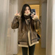 GARNUO皮毛一體羊羔毛外套女2025新款冬季麂皮絨機車(chē)服加絨加厚夾克棉服 棕色 S 【80-100斤】