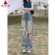 夏雨瑤破洞闊腿牛仔褲女2025新款夏季薄款小個子高腰寬松顯瘦直筒拖地褲 水洗藍(長褲) M