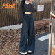 FSHE2025年秋冬新款美式復古寬松牛仔褲女垂感拖地柔軟顯瘦加絨闊腿褲 復古藍 長(cháng)褲 L