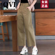 QVI高端品牌 闊腿褲女2025夏季新款休閑寬松高腰垂感純棉直筒九分褲 綠卡其 L 【100-115斤】