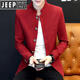 JEEP SPIRIT男士韓版立領(lǐng)西服春夏薄款中山裝休閑小西裝修身上衣個(gè)性?shī)A克外套 紅色 XL 175