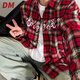DALEY MODE美式復古紅色格子襯衫女嘻哈風(fēng)情侶長(cháng)袖上衣hiphop高街襯衣外套女 紅色刺繡 S 建議80-95斤