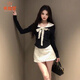 乖甜星純欲風(fēng)娃娃領(lǐng)綁帶t恤套裝女秋冬高腰波點(diǎn)包臀半身裙修身長(cháng)袖上衣 娃娃領(lǐng)上衣【有胸針】+波點(diǎn)半身 2XL 125-135