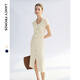 朗姿夏季新款圓領(lǐng)修身針織連衣裙短袖優(yōu)雅ol通勤中長(cháng)款連衣裙 米白色 S
