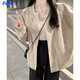 FSHE外套女春秋款2025年新款百搭小個子燈芯絨拼接美式復古棒球服夾克 杏色 [燈芯絨拼色雙層有里布] M 90-105斤