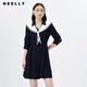 NEELLY納儷商場(chǎng)同款學(xué)院海軍領(lǐng)連衣裙女七分袖氣質(zhì)收腰中長(cháng)款裙子 藏青色 M