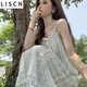LISCN吊帶連衣裙女夏季新款度假風流蘇海邊波西米亞法式碎花裙超仙裙子 藍色碎花連衣裙 L