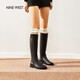 NINE WEST/玖熙長(cháng)筒靴牛皮圓頭低跟高筒騎士靴女皮靴NG486019CE  黑色 36