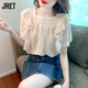 Jret2025洋氣寬松杏色荷葉邊雪紡女士拼接方領(lǐng)百搭夏季小眾襯衫女夏 杏色 L 建議110-125斤