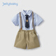 JELLYBABY【紳士學(xué)院風(fēng)】25男童夏裝兒童周歲禮服套裝男孩衣服寶寶背帶褲 藍色條紋 90 CM