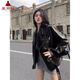 夏雨瑤街頭酷辣皮衣女春秋季寬松小眾高級感機車(chē)服國潮牌皮夾克短款外套 黑色 M 【建議96-110斤】