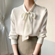 九寸陽(yáng)光緞面白色襯衫女士秋季長(cháng)袖通勤面試職業(yè)襯衣氣質(zhì)蝴蝶結飄帶上衣 白色 M （95-104斤）