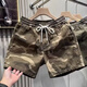 閎風(fēng)夏季休閑34分迷彩短褲彈力松緊腰中褲男士寬松三分四分潮流褲子 卡其色 L