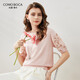 科蒙博卡2025春夏桑蠶絲新款針織衫女圓領(lǐng)短袖t恤蕾絲拼接上衣 蜜桃粉 L