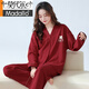 莫代爾結婚新婚睡衣女大紅春秋款純棉套裝冬季韓版本命年喜慶純色家居服 W4662套裝女 2XL 125-140斤