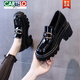 卡帝樂(lè)鱷魚(yú)（CARTELO）真皮厚底樂(lè)福鞋女鞋2025秋季婭漆皮單鞋一腳蹬粗跟內(nèi)增高皮鞋 黑色 36