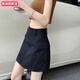 柏潮辣妹工裝牛仔裙褲春夏季新款a字型百搭短裙顯瘦高腰半身裙包臀裙 黑色 S 建議80-94斤