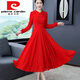 皮爾卡丹（pierre cardin） 純色2022新款春季長(cháng)袖雪紡大擺舞蹈連衣裙女長(cháng)款大紅色跳舞長(cháng) 紅色 L