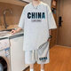 暢登華夫格男t恤夏季薄款潮牌休閑寬松青少年套裝帥氣短袖短褲運動(dòng)服 灰色 M