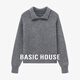 百家好（Basic House）Basic House/百家好紅色翻領(lǐng)毛衣春季新款氣質(zhì)泡泡袖套頭短款上衣 灰色 L