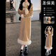 圣保美小香風(fēng)連衣裙女裝秋冬季2024新款小個(gè)子穿搭高級(jí)感毛絨長(zhǎng)裙子套裝 咖色長(zhǎng)款套裝 S 碼