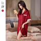 軒靚冰絲睡裙女士夏季薄款短袖睡衣仿真絲綢新娘結婚紅色家居服連衣裙 62144棗紅 XL