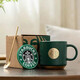 星巴克（Starbucks）杯子墨綠色馬克杯星勺陶瓷豎條紋水杯辦公室咖啡杯情侶萬(wàn)圣節禮物 墨綠單杯原盒+勺子杯墊
