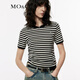 MO&Co.針織衫春夏高比例綿羊毛輕柔捏褶短款條紋薄款上衣摩安珂 白黑條色 S 160