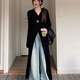 FSHE黑色v領針織開衫毛衣外套女秋冬2025新款獨特別致中長款開叉上衣 黑色 S 80-100斤