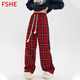 FSHE夏秋美式新款港味復古紅色格子褲子女高腰寬松直筒闊腿褲子潮顯瘦 格子褲 L
