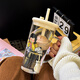 波比熊2025新款可愛家用玻璃吸管杯女生辦公室大容量水杯帶把手桌面杯子 史努比玻璃杯米+杯刷 720ml