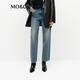 MO&Co.牛仔褲高腰棉質(zhì)九分錐形手工微磨爛破洞 摩安珂 牛仔藍色 XS