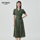 深呼吸DEEP BREATH女裝碎花洋裝泡泡袖系帶連衣裙【附腰帶】8500149 綠 S (2)