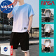NASA BASE休閑套裝男夏季冰絲衣服男裝運動(dòng)服男士健身服短袖夏天運動(dòng)裝套裝 9865藍色 XL (125-140斤)