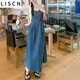 LISCN牛仔高腰連衣裙女2024夏新款復(fù)古港風(fēng)時(shí)髦氣質(zhì)收腰顯瘦長款吊帶裙 牛仔連衣裙 S