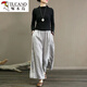 啄木鳥(niǎo)品牌折扣女裝文藝顯瘦棉麻直筒褲寬松條紋休閑亞麻闊腿褲 灰色(現量少貨) XL 建議125-140斤