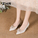 ZHR單鞋女中式絨面秀禾婚鞋氣質(zhì)新娘鞋子女尖頭粗跟女鞋K312香檳38