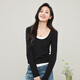 逸陽(yáng)逸陽(yáng)U領(lǐng)長(cháng)袖t恤女2025年春新款假兩件修身顯瘦打底衫撞色內搭上衣 黑色 S