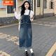 婍妡法式復古牛仔背帶連衣裙女夏季2025新款毛邊設計感寬松中長款裙子 毛邊背帶 (160以上的小姐姐 L 100-120斤