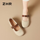ZHR單鞋女復(fù)古圓頭平底勃肯瑪麗珍女鞋百搭軟面皮鞋女JF152 米色  37