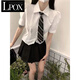 LPOX短袖襯衫夏季新款短款jk制服女套裝女學(xué)生高腰百褶裙子短裙三件套 襯衫+黑色百褶裙+領(lǐng)帶 S