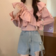 甜菲鹿法式荷葉一字肩襯衫女2025年夏季新款小個(gè)子上衣獨(dú)特別致長(zhǎng)袖襯衣 粉色襯衫 M 100斤左右