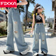 FIXXA女童破洞牛仔褲2025新款兒童夏季洋氣時髦闊腿褲女孩大童夏裝褲子 圖片色 160